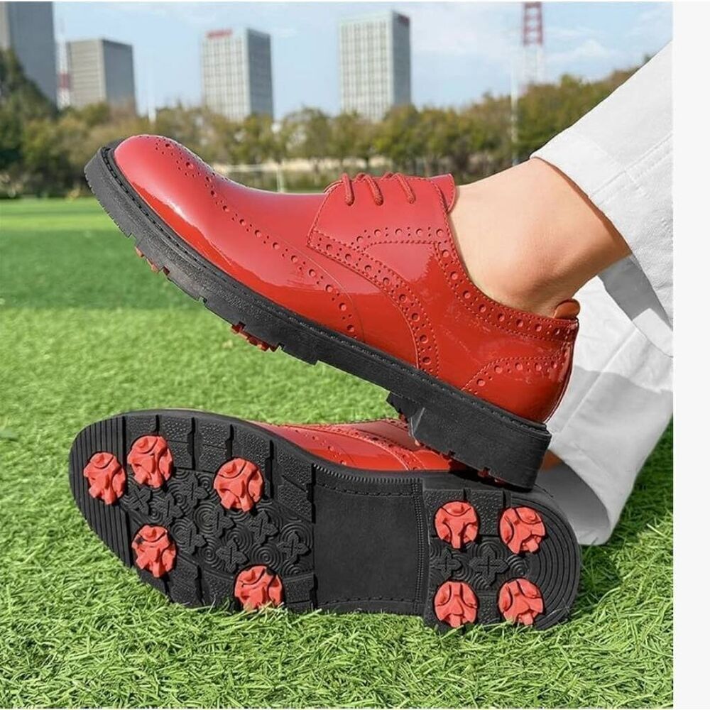 Threston Mens 12 Red Fashion Golf Shoes Outdoor Leather Formal Spiked Golfing